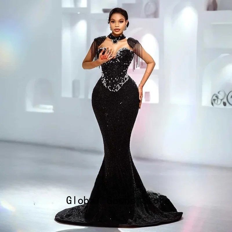 Elegantes Abendkleid mit langen Pailletten, Vestido de Festa, Meerjungfrau-Partykleider, schwarz, transparente Netzärmel, Quasten, Perlen, Ballkleider