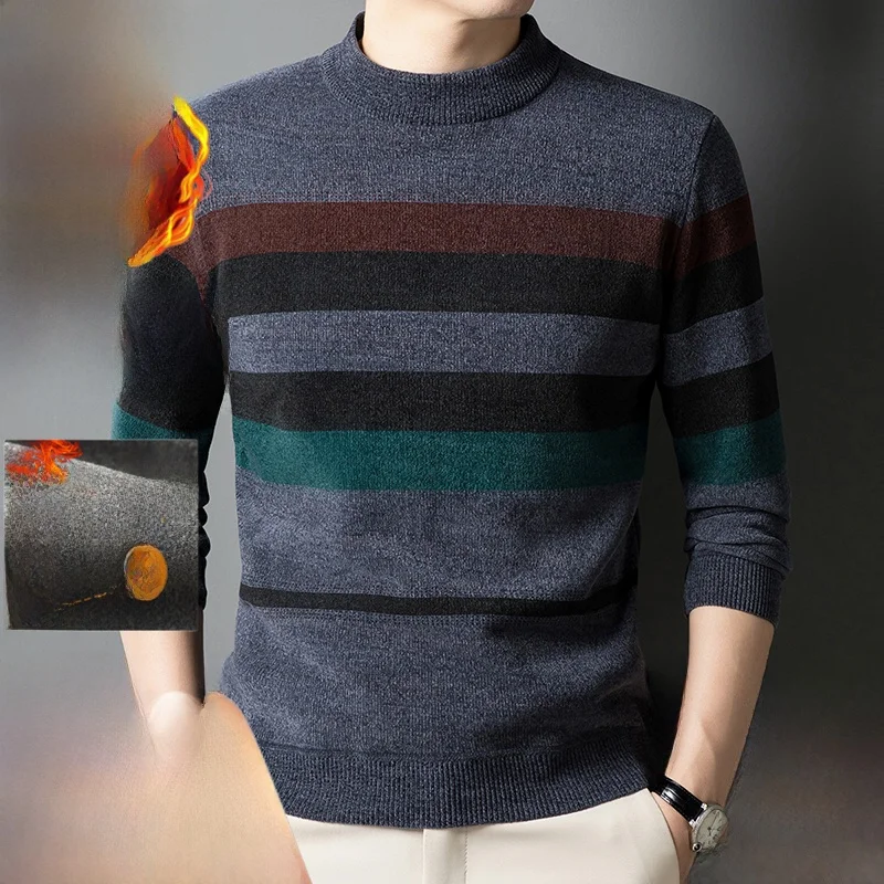 

Men's Winter Thiened Warm f High Collar Knitted Sweater Striped Inteated Fce Men's Faion Casual Long Sve Top