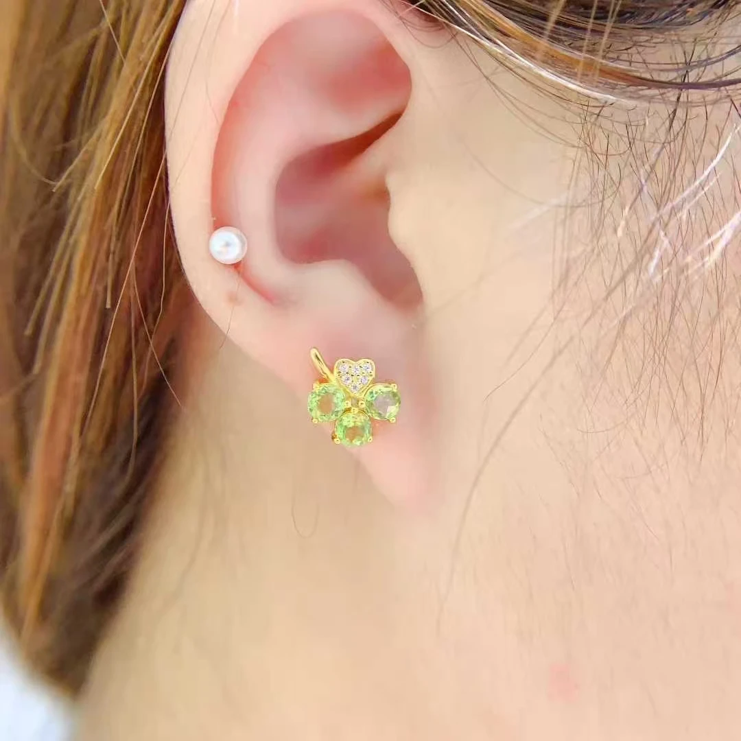 Cute 925 Silver Earrings for Girl Natural Peridot Stud Earrings 4mm Total 1.8ct Genuine Peridot Jewelry Allergy Free
