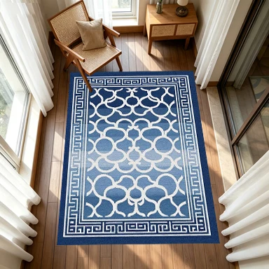 Blue White Interlocking Geometric Carpet Flooring Classic Stylish Area Rug for Hallway Living Space Decor