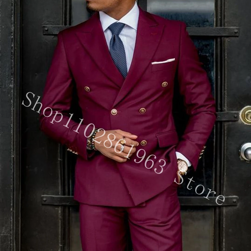 Burgundy Double Breasted Men Suits 2 Pieces Formal Best Men Groomsmen Bridegroom Wedding Tuxedos Blazer Pants Costume Homme