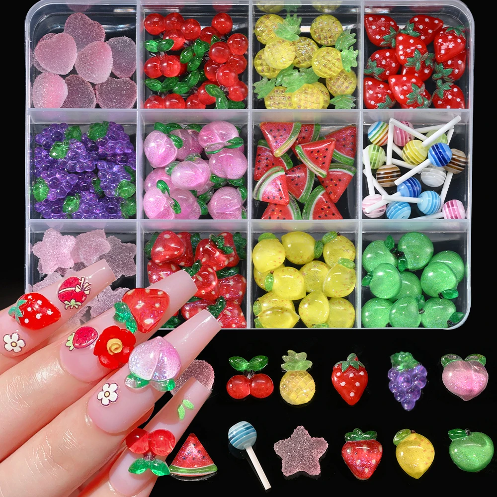12Grids Cute Fruit Nail Rhinestones 3D Resin Strawberry Cherry Grape Watermelon Nail Gems Charm Kawaii Fruits Nail Art Supplies
