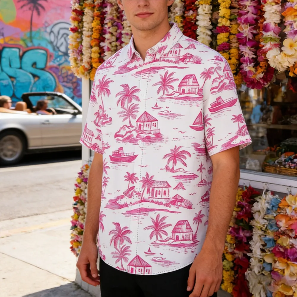 

Мужская свободная повседневная рубашка с коротким рукавом, летняя гавайская рубашка с принтом пальм, островов и лодок, на пуговицах