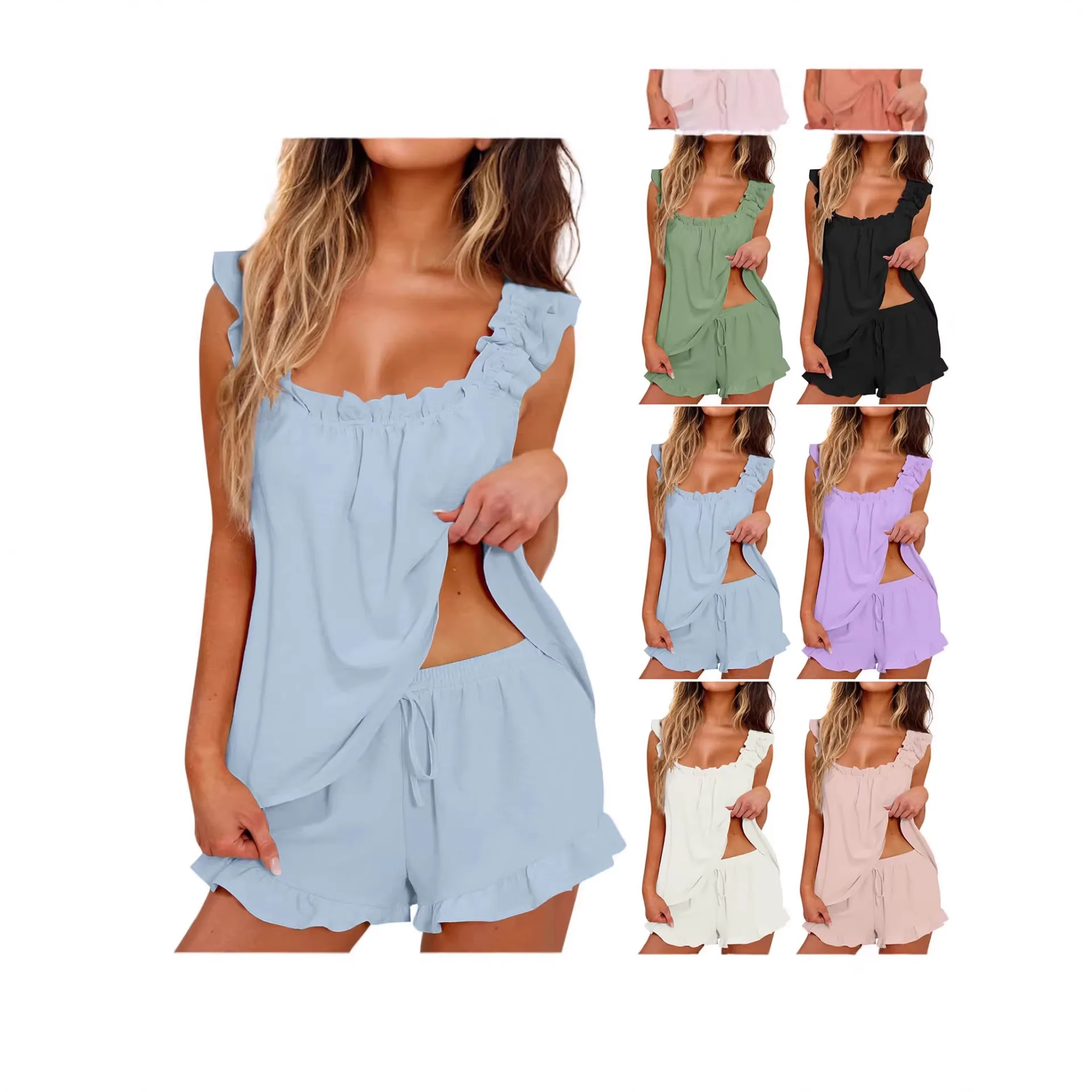 2026 Women's European‑American Style Elegant Camisole & Shorts Set, Ruffled Fashion Two‑Piece Niche Casual Outfit