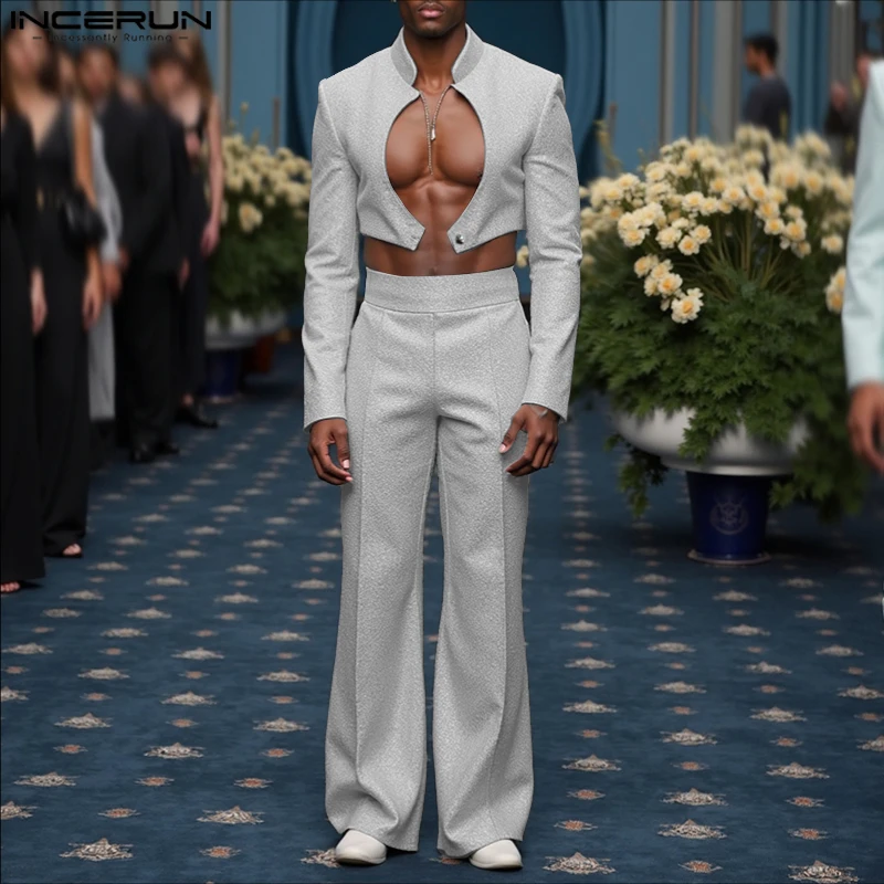 

INCERUN мужские комплекты однотонные блестящие укороченные куртки и брюки с длинными рукавами из 2 предметов элегантная уличная одежда модные мужские повседневные костюмы 2025