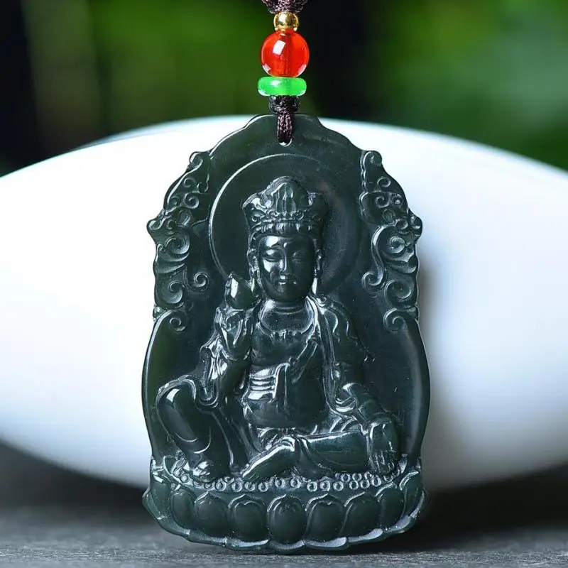 

Natural Green Jade Guanyin Statue Lotus Pendant Necklace Men Women Fine Jewelry Chinese Nephrite Hetian Jade Buddhist Amulets