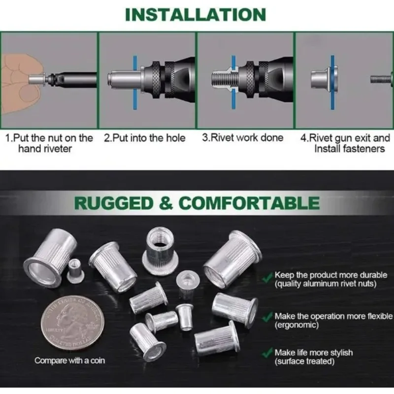 160 Uds M3 M4 M5 M6 M8 M10 Kit surtido de tuercas de remache métrico tuercas de inserción roscadas de cabeza plana de aluminio para muebles automotrices