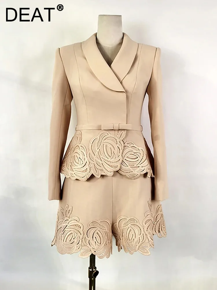 

DEAT Women's Two Piece Sets Notched Color Long Sleeve Belt Embroidery Waist Blazer Loose Shorts Suit Female 2024 New 13DB1919