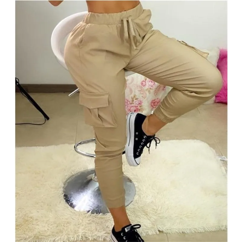 Women\'s Fashion Pocket Lace Up Design Cargo Pants Female Casual Clothing New Autumn Woman Casual Slim Trousers