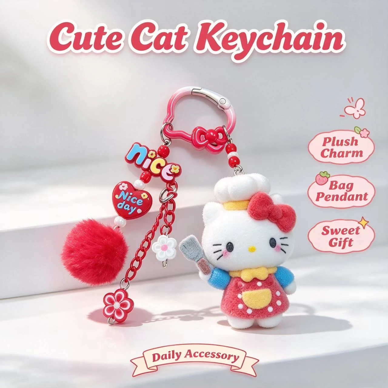 Fashion Flocked Cat Keychain Cute Chef Figurine Bag Accessory Pompom Pendant Women Fashion Key Ring Gift view 3