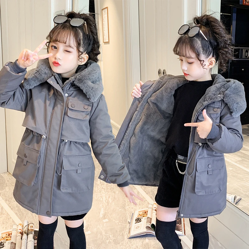 Girls Winter Warm Plush Jacket 5-14Y Drawstring Waist Hooded Cotton Coat with Fur Collar Windproof Coat Outerwear for Kids