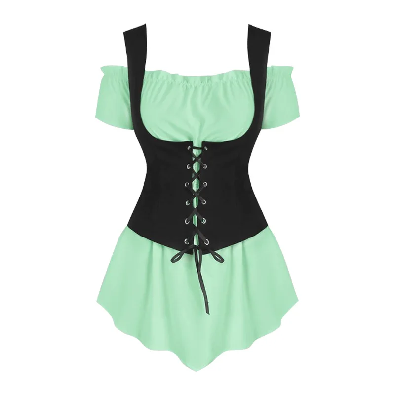 قميص Steam Punk بكتف واحد مع سترة برباط على طراز Punk مكون من قطعتين للنساء