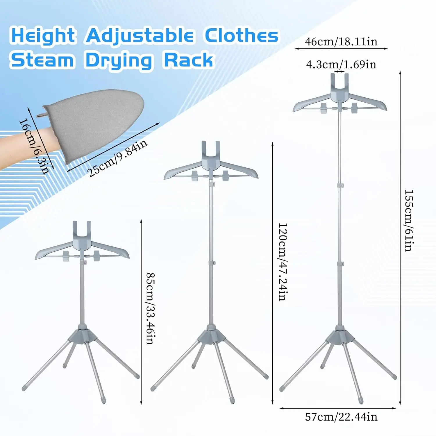 Portable Foldable Garment Steamer Rack with Ironing Glove for Dresses, Pants, Shirts (32-63 Inch)