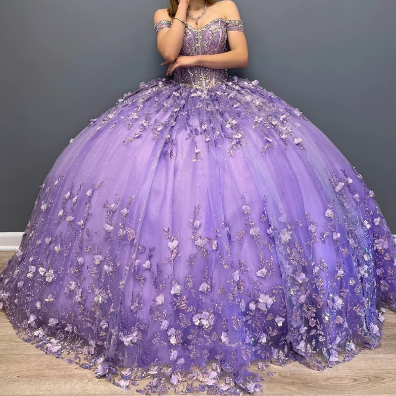 Vestido de quinceañera lavanda, vestido de baile 2025, apliques de tul, cuentas de encaje, cristal con hombros descubiertos, forma de fiesta de cumpleaños de 15 a 16 años