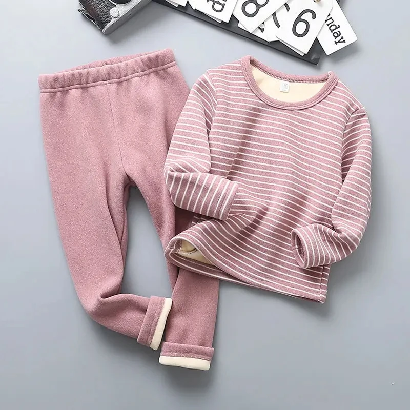 Cute Children Thermal Underwear Plus Velvet Thicken Suit Child Clothing Casual Striped Boys Girls Pajamas Winter Bottoming