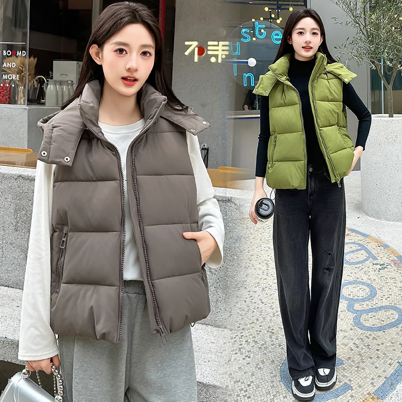 New Women Hooded Sleeveless Parka Jacket Toggle Adjustable Hood Zippered Pockets Drawcord Hem Fall Winter Windproof Outer Layer