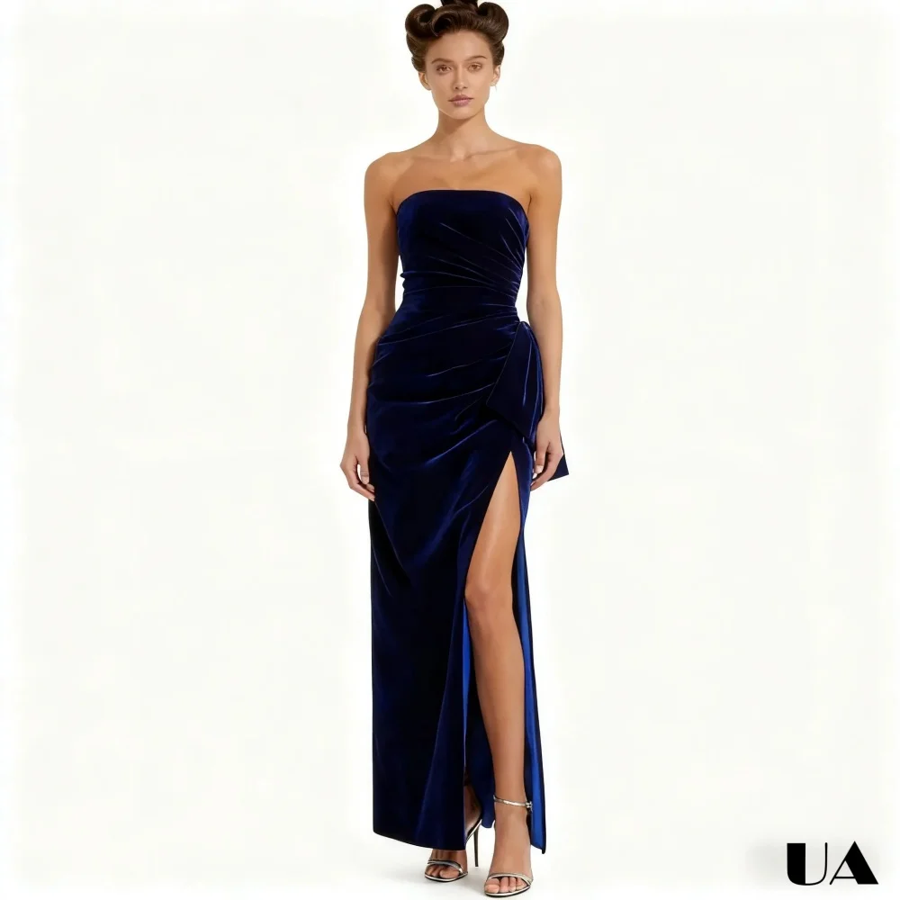 

Simple Long Sheath Strapless Prom Dress, Tailored Size Solid Draped Evening Dress, Dark Blue High-slit Sleeveless Party Gown