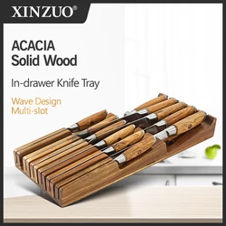 XINZUO 11 Slots In-drawer Knife Tray Acacia Wood For 10 pcs Knives & 1 Sharpening Rod Universal Knife Block Shelf Storage Tool