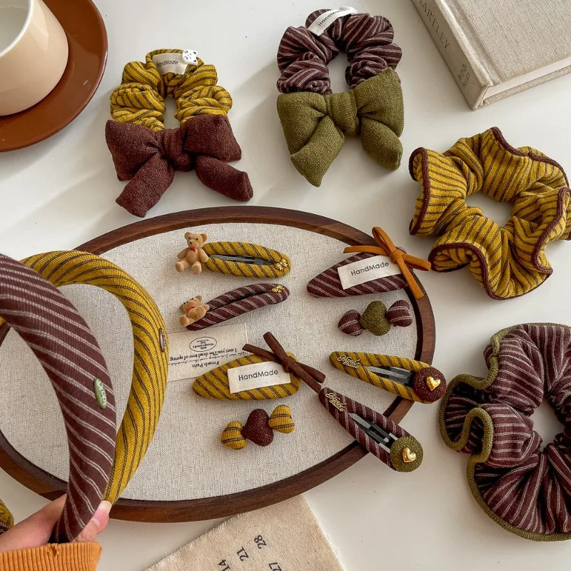 

Retro Brown Green Striped Bow Hair Clips Scrunchies Multiple Styles Available for Girls Side Bangs Barrettes Ponytail Holders