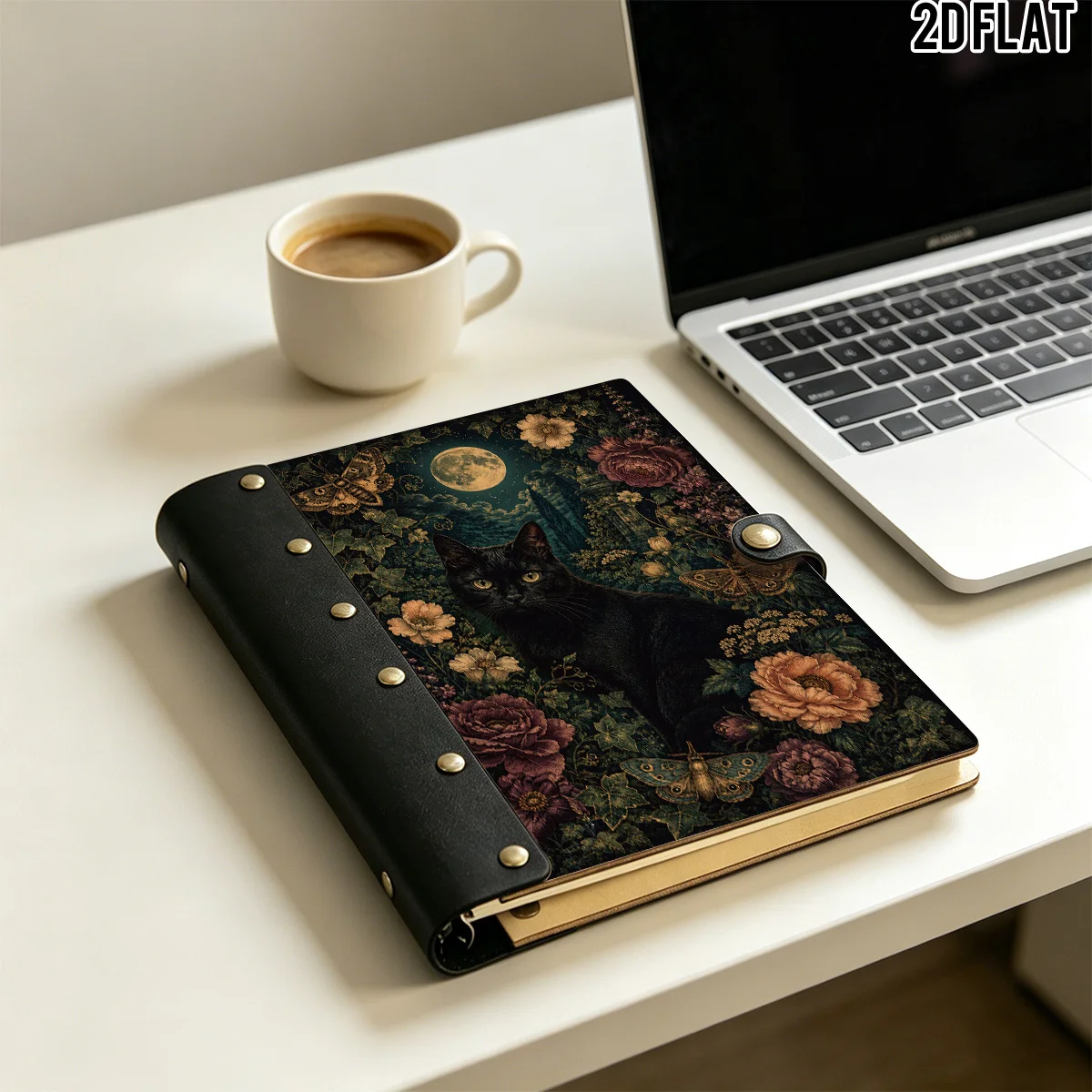 1PC 2D Flat Wooden Notebook, Vintage Full Moon Black Cat Moth Peony Floral Print, Hardcover Riveted Notebook, 100 Pages With Ivy