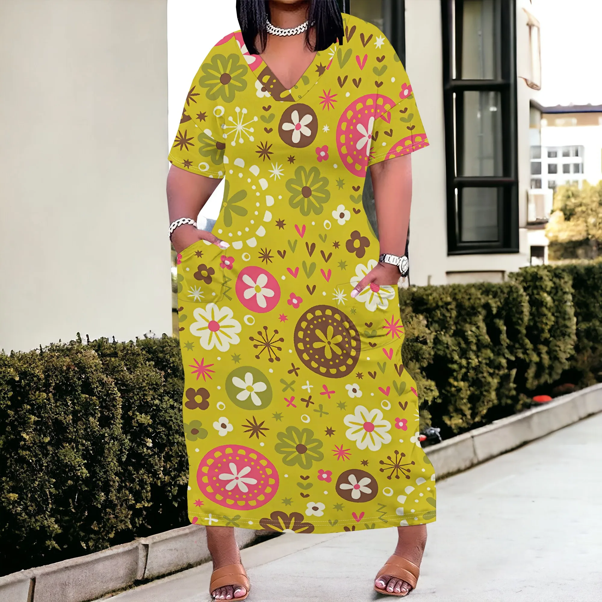 

Nupusa Plus Size Floral Print V - Neck Dress Women Summer Loose Long Dress
