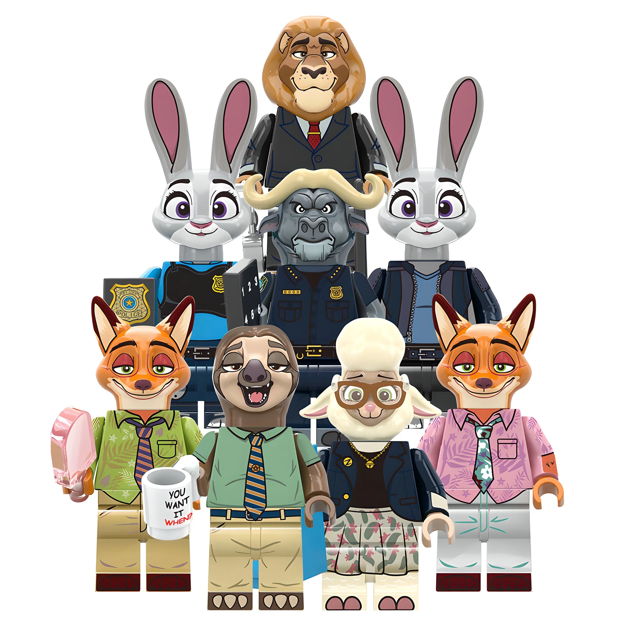 Zootopia Building Block Figures RT8012, include Nick, Judy, Dawn Bellwether, Leodore Lionheart, Flash, Chief Bogo, regalo creativo