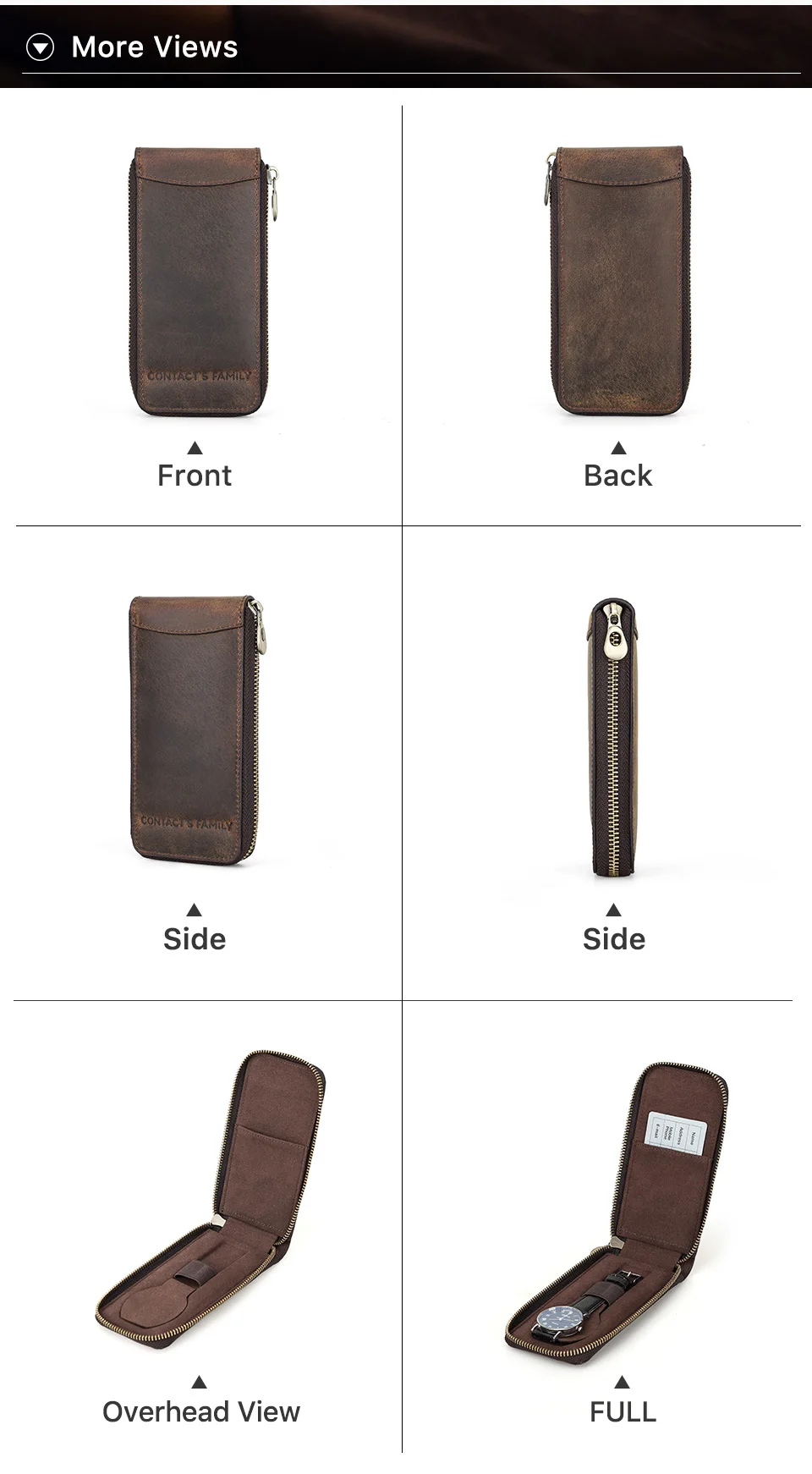 CONTACT'S FAMILY Vintage-Uhrentasche aus echtem Leder, handgefertigt, tragbarer Reise-Organizer aus Leder mit Kartensteckplatz und Reißverschluss – Detail 5