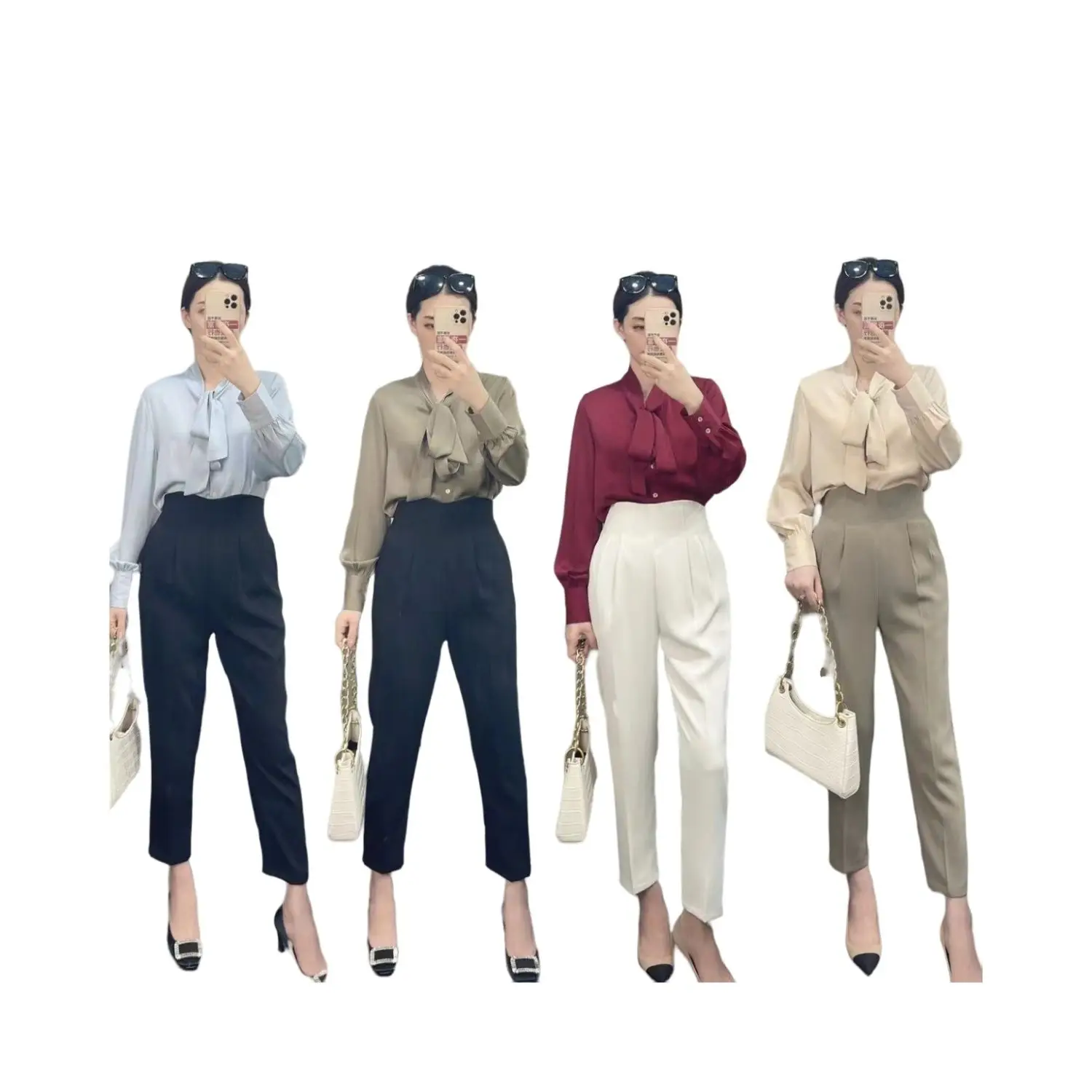 بلوزة من الساتان والحرير الجليدي للنساء بأكمام طويلة، شريط أنيق أنيق وعصري ومناسب للتنقل في الخريف