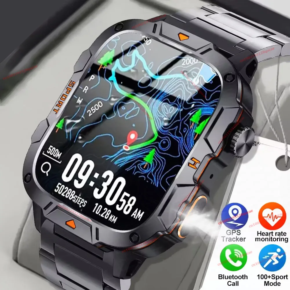 2026 New Military Men's Smart Watch LED Flashlight Outdoor Sport Fitness Tracker IP67 3ATM Wristwatch Health Monitor Smart Watch