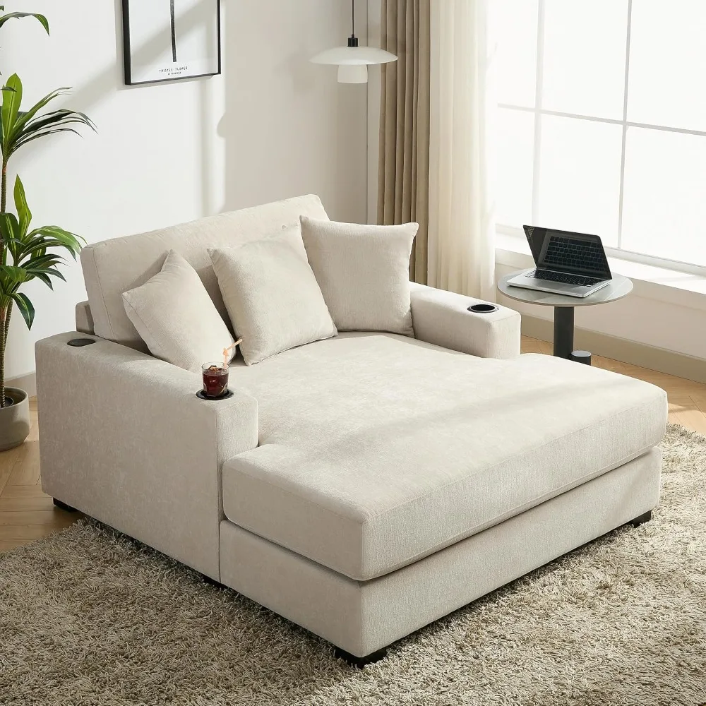 

Modern 55" Indoor Oversized Chaise Lounger, Chenille Fabric Sleeper Sofa Couch with Pillows, Charge Station & Cup Holders