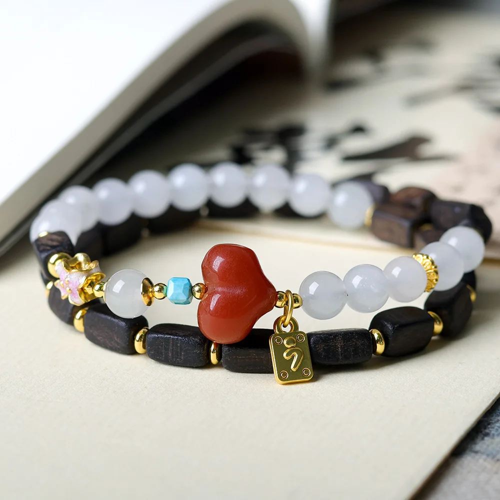 Original Design Dalakan Agarwood with Tianshan Green Two Wrap Bracelet Women's Nanhong Agate Peachy Bracelet Gifts