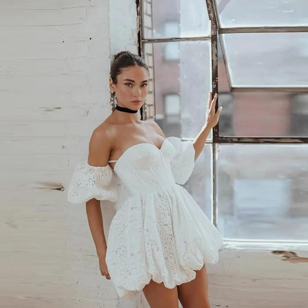Customized Sweetheart Lace Civil Little Courthouse Wedding Gown Long Bubble Sleeve Applique Short Mini Length Bridal Dress