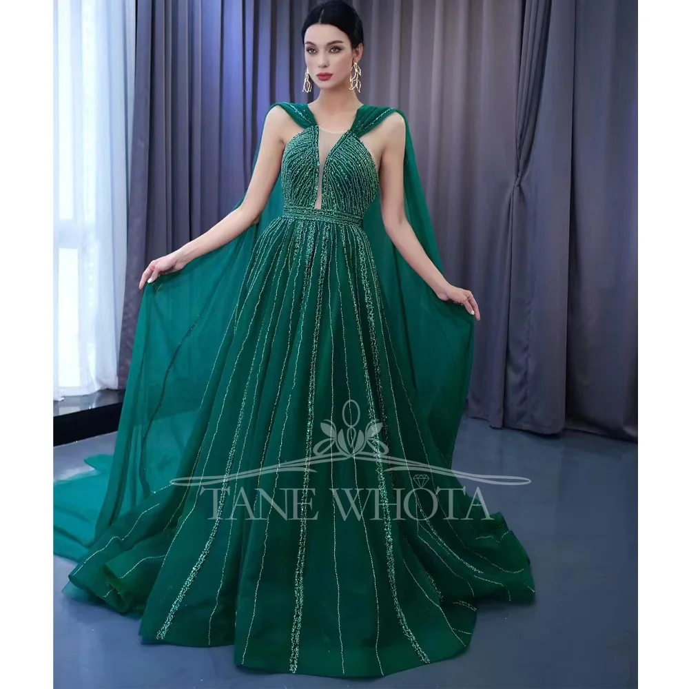 Green O-Neck Sleeveless Prom Dress 2027 Sexy Sequined Lace-Up Back Customizable Flare A Line Evening Gown