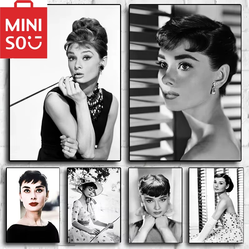 MINISO 5D DIY أودري هيبورن خمر أبيض وأسود الفيلم الكلاسيكي ستار الماس اللوحة جدار الفن الديكور ديكور فني المنزل #1