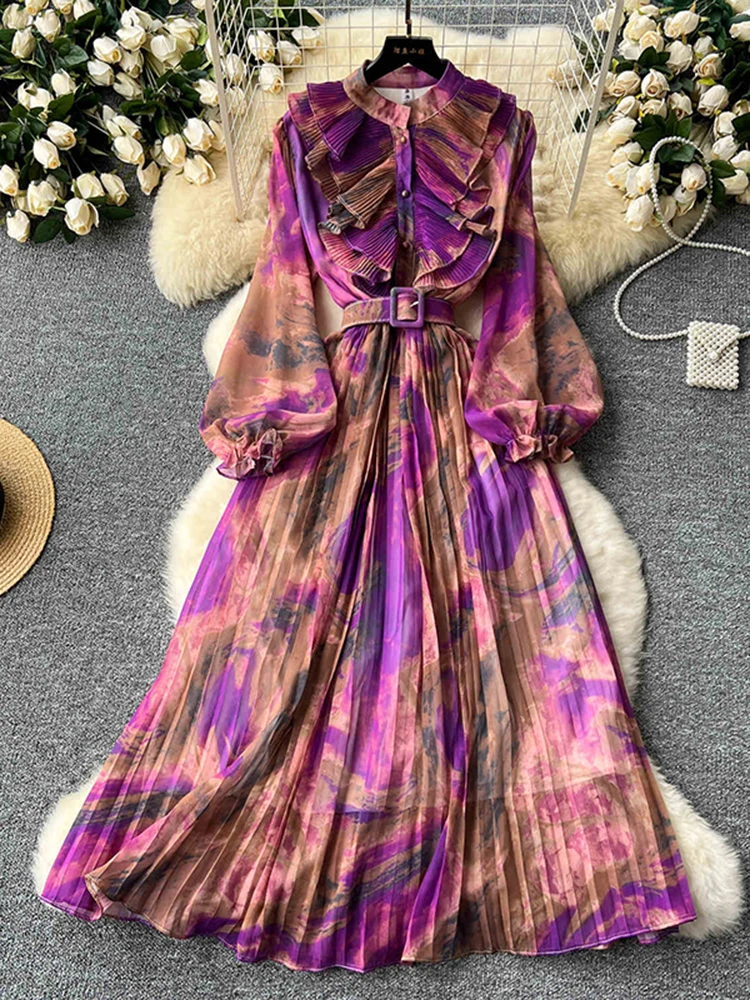 Women Spring Autumn Dress Retro Temperament O-neck Ruffled Bubble Long-sleeved Waist Slimming A-line Pleated Dress A225