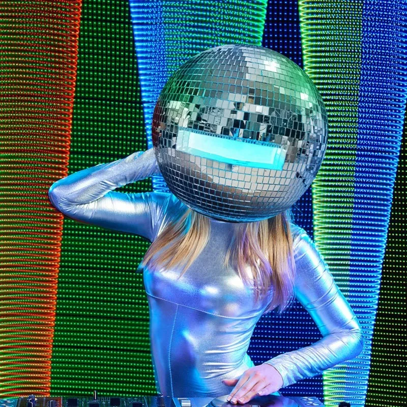 nightclub mirror glass reflective helmet, party scene props, performing arts face covering headdress shiny