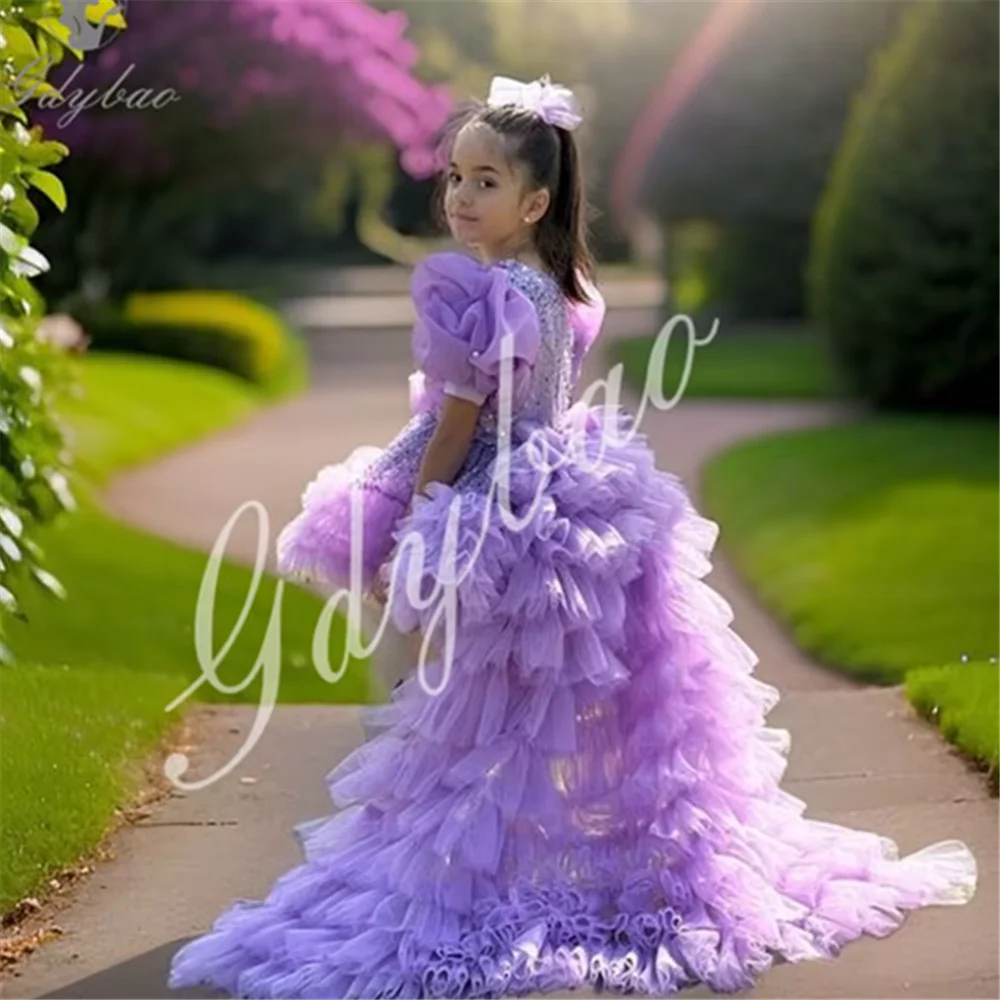 Girls Lilac Sequins Toddler Flower Girl Dress Asymmetrical Length Pageant Prom Party Formal Events Communion Gown