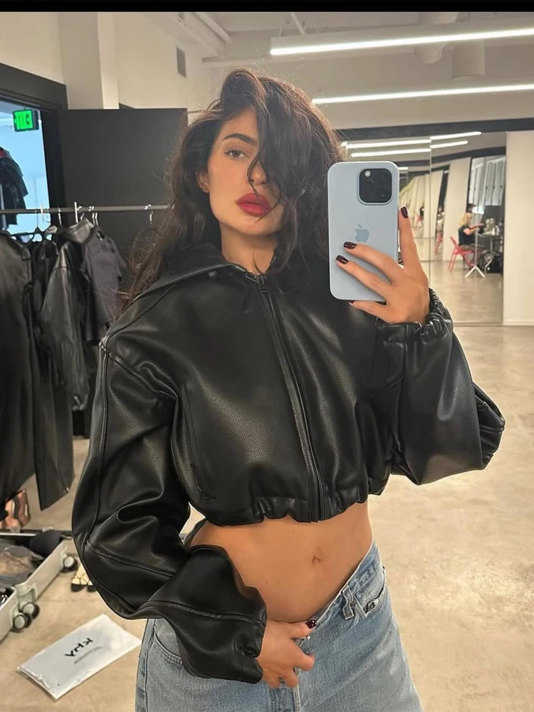 Women Black Glossy Hooded Leather Jacket Chic Full Sleeves Zipper Loose Cropped Coat 2026 New Spring Lady Holiday Travel Outfit