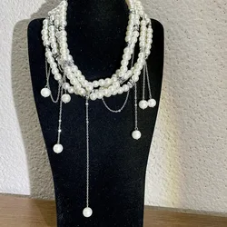 Hand-beaded multi-layered necklace Pearl long sweater chain