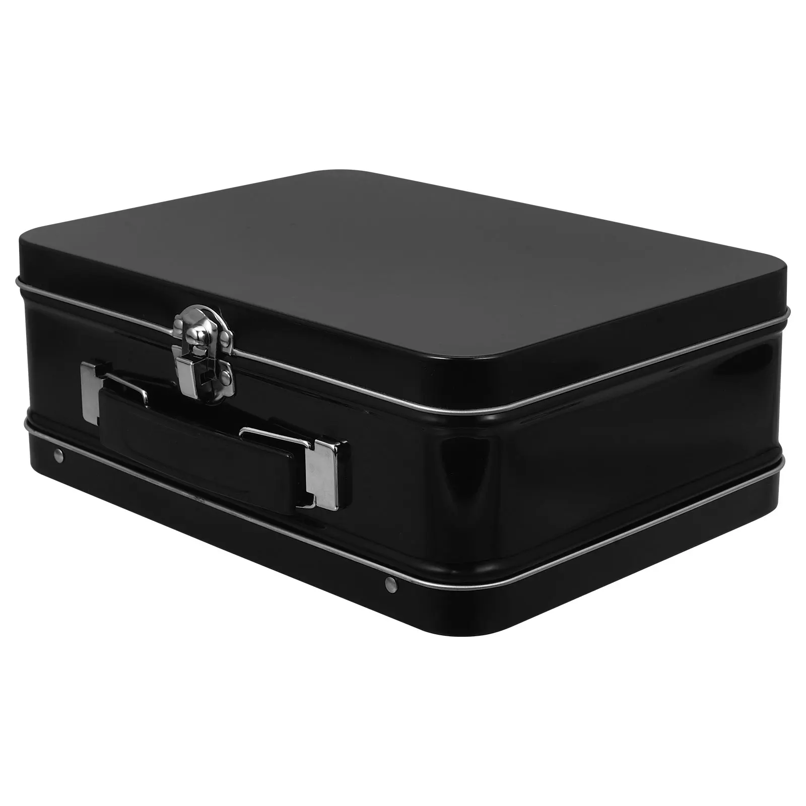 

Memory for Keepsakes Tinplate Box Jewelry Storage with Handle Trinket Black Boxes Lid Metallic Travel
