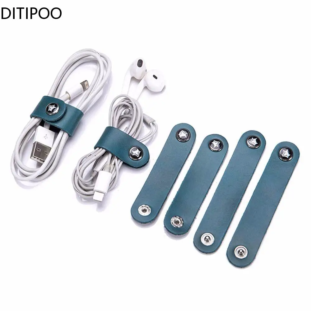 4Pcs Leather Data Cable Organizer Cord Winder Straps Earphone Wrap Winder Charger Protector Tidy Storage Cable Holder Clips Ties