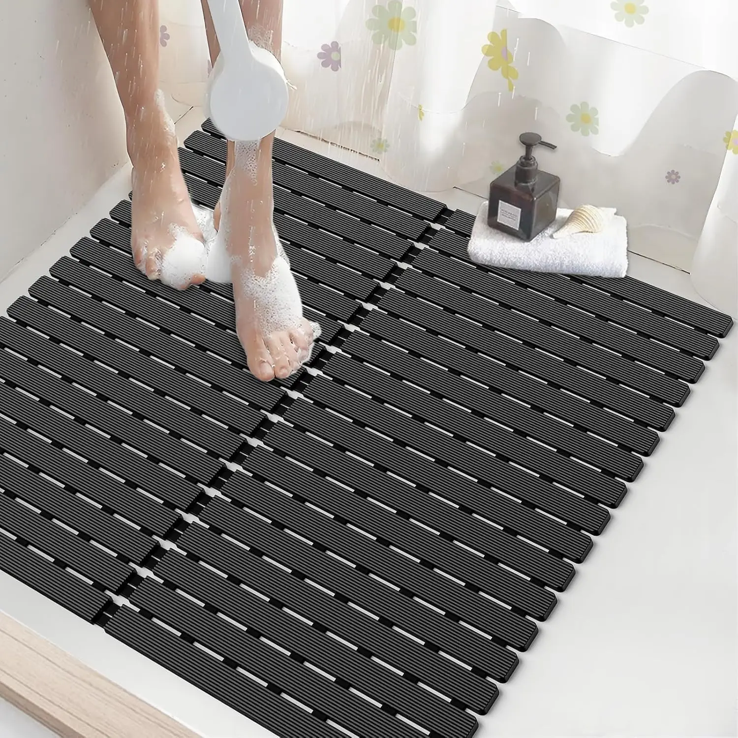 

Non-Slip Shower Mat with 200+ Suction Cups, Quick Dry, Machine Washable, Extra Grip for Tub and Stall, 24x24 Inch Black