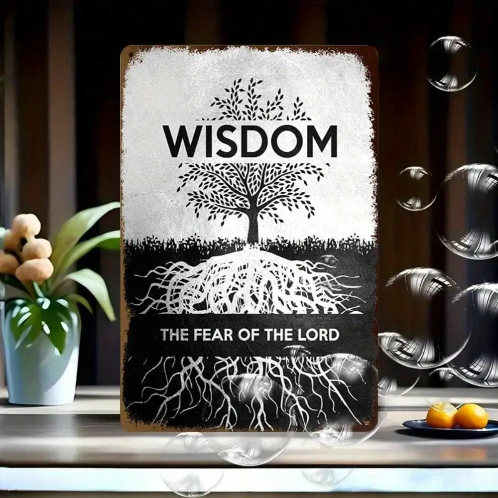 1PC Tin Sign Wisdom And The Fear Of The Lord - Office/Living Room Décor, Tree Illustration, 8x12 Inches/20x30 Cm