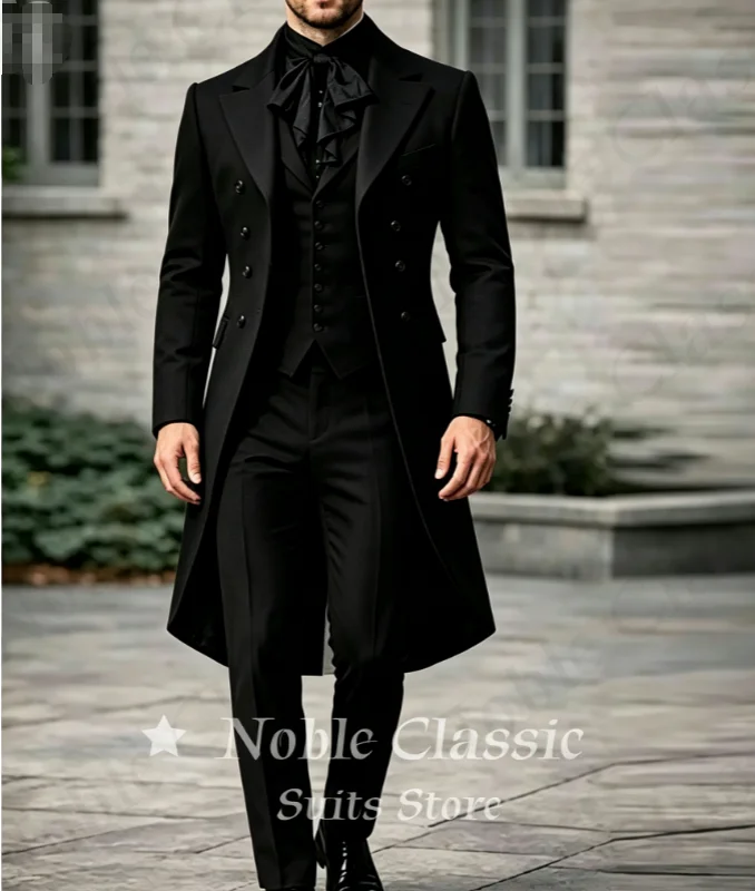 Black Burgundy Long Tail 3 Piece Men Victorian Tuxedo Satin Peak Lapel Slim Fit Waistcoat Pants Gothic Wedding Groom Customized
