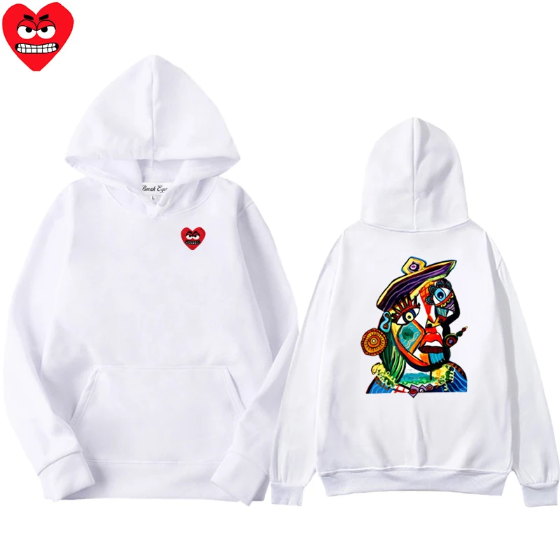 カラー油絵 2 女性男性パーカーポリエステルクールかわいいスナッグハート刺繍プルオーバーポケット薄い緩い秋のセーター