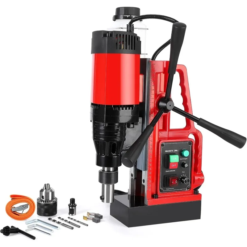 Magnetic Drill Press, 1550W 500RPM Portable Mag Drill Press Core Drilling Machine for Metal Working,3Pcs Drill Bits，Red