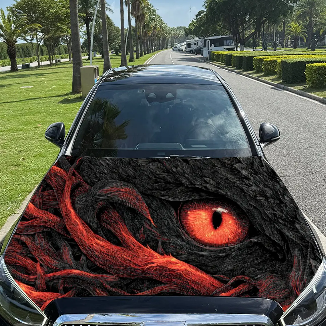 Red-flamed Demon Eye Print Car Hood stickers , PVC Material Multifunctional Car Hood Stickers, Scratch-Resistant & Fade-Proof, E
