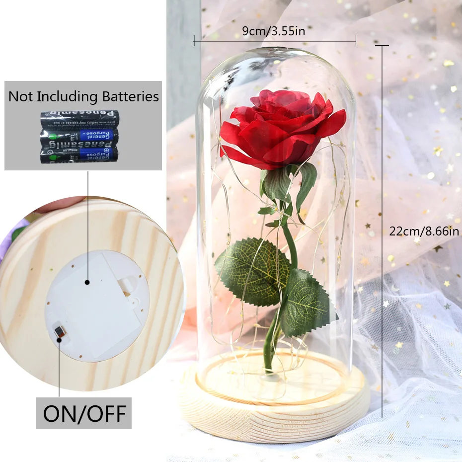 LED Night Light Beauty and The Beast Rose In Flask Glass Eternal Roses for Christmas Gifts Family Decoration Valentines Day Gift