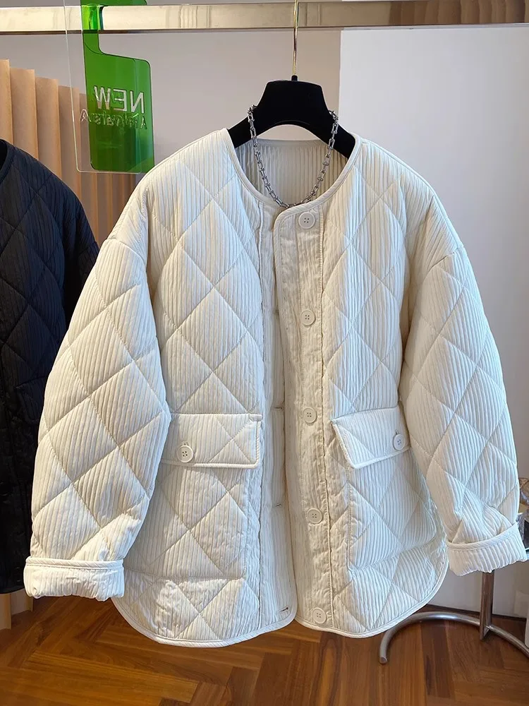 Warm Diamond Check Jacket Quilted Korean Fashion Single-Breasted Cotton Padded Coats Autumn Winter Outwear Clothes