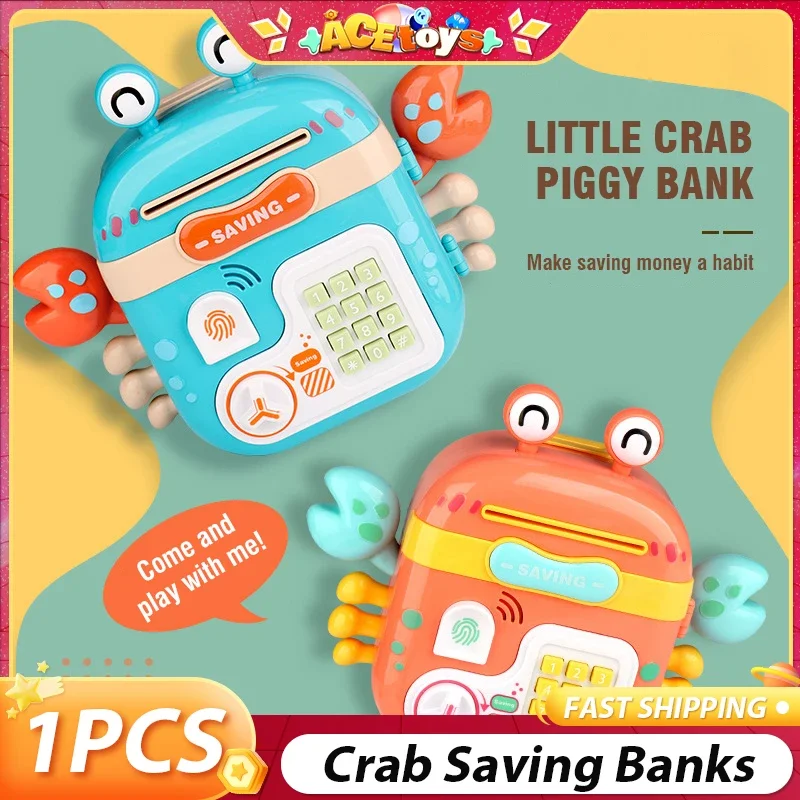 Cofrinho de caranguejo de desenho animado, bancos de economia com luz sonora, senha de impressão digital, educação precoce, brinquedos educativos para crianças, presentes de natal